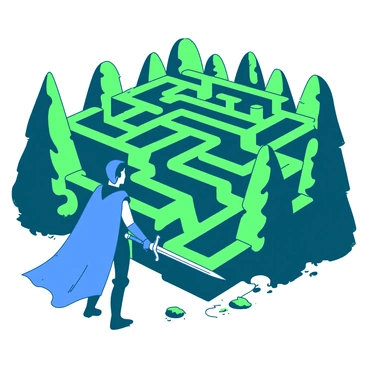 A hero wearing a vibrant blue cape is standing in the center of a complex maze made up of towering green hedges. The hedges are intricately shaped and extend high above the hero's head. The sun casts sharp shadows along the ground, creating a dynamic interplay of light and dark. The hero holds a gleaming sword in one hand, surveying the maze for a path forward. Nearby, there is a small path leading deeper into the maze, inviting curiosity and adventure.