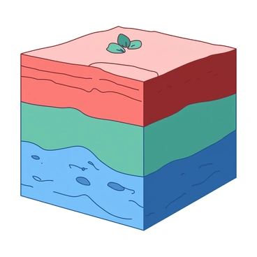 A cross-section of the earth layers displays various geological strata in distinct layers. The top layer is represented in a light red shade, characterized by soil and vegetation. Below it, a darker red layer signifies sedimentary rock, showing faint horizontal lines indicating the layering. Further down, a teal layer represents metamorphic rock, with visible folds and textures. The deepest layer is depicted in a deep blue, illustrating igneous rock with a rugged surface. Each layer is clearly defined, showcasing transitions in color and texture.