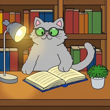 A wise-looking cat with fluffy gray fur and bright green eyes is seated at a small wooden table in a quaint library. The cat is wearing round glasses perched on its nose. In front of the cat, there is an open book with yellowed pages, displaying text and illustrations. The shelves around the cat are filled with colorful books of various sizes. A warm, golden light from a nearby lamp casts a cozy glow, highlighting the cat's focused expression as it reads. A small potted plant sits on the table beside the cat, adding a touch of greenery to the scene.