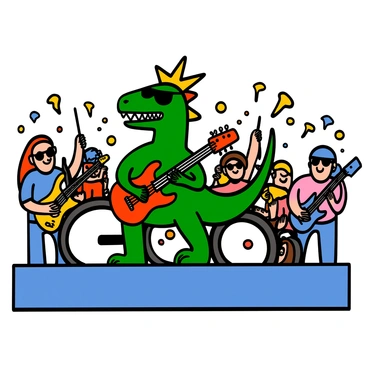 A T-Rex with green scales and sharp teeth is standing on stage, holding an electric guitar in its tiny arms. The dinosaur is wearing a pair of stylish sunglasses and has a rockstar hairstyle made of colorful spikes. Around the T-Rex, members of the lively rock band are playing various instruments, including a drummer with long hair and a bassist with blue hair. The stage is illuminated with bright lights, and an enthusiastic crowd is cheering in the background. The scene captures the energy of a rock concert.