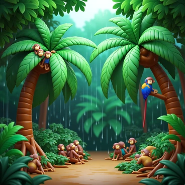A rainforest scene during a heavy downpour with animals seeking shelter