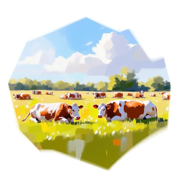A picturesque pasture with lush green grass, dotted with several brown and white cows grazing peacefully. The cows are spread across the field, some lying down while others are standing. In the background, a clear blue sky stretches overhead, and a few fluffy white clouds float lazily. A distant line of trees borders the pasture, adding depth to the scene. The sunlight casts gentle shadows from the animals, enhancing the tranquil atmosphere.