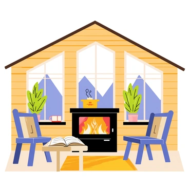 A cozy mountain cabin with wooden walls and a sloped roof. The cabin has large windows showcasing the snowy mountains outside. Inside, a black stove with a pot on top is simmering with "fire cider." A small wooden table is set nearby with a few mugs and an open cookbook. A soft rug lies on the wooden floor, and a couple of comfortable chairs are positioned around the stove, creating an inviting atmosphere. Green plants are placed on the window sills, adding a touch of life to the warm interior.