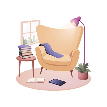 A cozy reading corner featuring a plush, oversized armchair in a warm beige fabric, positioned in the corner of a softly lit room. Next to the chair is a small wooden side table holding a neatly stacked collection of books with colorful covers. A sleek tablet lies on the table, screen facing up. A soft, knitted blanket is draped over the arm of the chair, with a nearby floor lamp casting a gentle glow over the space. A window is visible in the background, revealing a glimpse of greenery outside. There is a small potted plant on the floor, adding a touch of nature to the reading nook.