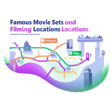 A detailed subway map illustrating "Famous Movie Sets and Filming Locations." The map features a network of colorful lines representing different subway routes, each labeled with names of iconic films. Along the routes, there are landmarks symbolizing notable movie sets, such as a red telephone booth for "Notting Hill," a yellow brick road for "The Wizard of Oz," and a futuristic cityscape for "Blade Runner." Each location is marked with a small icon, and the background of the map is a soft pastel color to enhance visibility and aesthetics. The titles of the films are displayed in bold, stylized fonts to create a visually appealing guide.