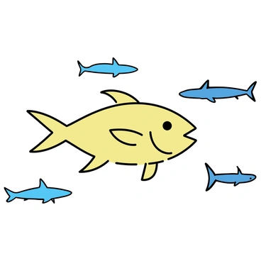 A sunfish swimming, displaying its large, flat body and fins, surrounded by a group of non-threatening sharks. The sharks, varying in size, glide gracefully through the water, their bodies sleek and streamlined. The scene captures the sunfish with its open mouth and wide eyes, while the sharks swim peacefully in close proximity. The water is clear, allowing visibility of the sunfish and the sharks' movements.