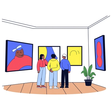 A modern art gallery with clean, white walls. There are large black frames showcasing vibrant contemporary artworks in various colors, including bold reds, deep blues, and bright yellows. The floor is polished wood, and soft, warm lighting illuminates the art pieces, creating a welcoming atmosphere. Two visitors are standing in front of a large abstract painting, discussing its details. A small potted plant is placed in the corner of the gallery, adding a touch of greenery to the space.