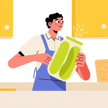 A person with a focused expression is standing at a kitchen counter. They are wearing a blue apron and gripping a large glass pickle jar with both hands. As they twist the lid off, a puff of brine is released, creating small droplets that glisten in the light. The kitchen has bright yellow cabinets and a wooden cutting board in the background, adding to the lively atmosphere.