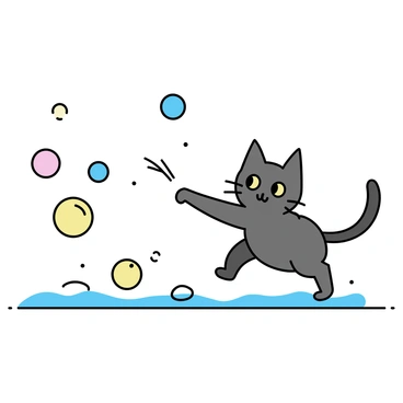 A gray tabby cat with bright green eyes is pouncing playfully among floating soap bubbles. The bubbles, reflecting light in various colors, are scattered across a glossy white tiled floor. The cat, with its ears perked up and tail twitching, is reaching out with its paw to bat at one of the bubbles, while others drift nearby. The scene captures a sense of playful energy as the cat interacts with the translucent spheres.