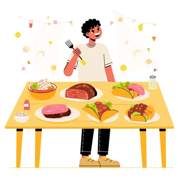 A foodie with a satisfied expression is standing at a wooden table filled with an array of different brisket dishes from around the world. There is a plate of tender smoked brisket served with barbecue sauce, a bowl of flavorful brisket chili garnished with cilantro, and a platter of Latin American-style brisket tacos topped with fresh salsa. A side of creamy coleslaw and a jar of pickles is also visible on the table. In the background, various cuisine-themed decorations reflect the diversity of the dishes, with flags and culinary items from different cultures. The foodie is holding a fork, ready to take a bite, conveying excitement and curiosity about the meals.