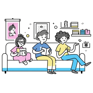 A group of three friends sitting on a large, comfortable couch in a room. One friend, with short brown hair wearing glasses, is reading a book titled "Manga 101." The second friend, with long black hair tied in a ponytail and wearing a graphic t-shirt, is playfully pointing at an anime poster on the wall. The third friend, with curly blonde hair, is lounging back with a snack. The room is decorated with vibrant anime posters and shelves filled with various books and manga.