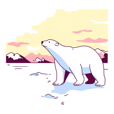 A white polar bear is standing on a snow-covered landscape under the midnight sun. The bear is looking towards the horizon, its fur glistening under the warm light. The sky above is filled with soft hues of yellow and orange, creating a gentle glow that contrasts with the stark whiteness of the snow. In the background, distant mountains can be seen, their peaks slightly illuminated by the sunshine.