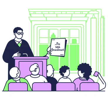 A judge is standing at the front of a historic courtroom, holding a document in one hand. The judge is wearing a black robe and has glasses perched on their nose. In front of the judge, a diverse group of people is seated on wooden benches, displaying various expressions of interest and attentiveness. The individuals include a man with curly hair, a woman with braided hair, and an elderly person with gray hair. The courtroom features tall windows allowing light to spill in, illuminating the intricate woodwork of the walls and the judge's podium. The judge's voice resonates as they read "the 14th Amendment," which is visible on the document, capturing the attention of the audience.