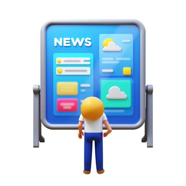 A mirror reflecting a digital interface displaying "news" headlines and "weather" updates. The interface features bright, bold text and colorful icons. In front of the mirror, a person stands with a thoughtful expression. The background is softly blurred to emphasize the digital mirror and the standing figure. The person’s attire is casual, adding a relatable element to the scene.