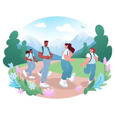 A group of nurses in colorful hiking attire is trekking along a scenic trail surrounded by lush greenery and vibrant wildflowers. Each nurse carries a small backpack, and they are smiling and interacting with one another as they walk. In the background, there are majestic mountains with a clear blue sky above, creating a peaceful atmosphere. Sunlight filters through the trees, casting gentle shadows on the ground. A few birds can be seen flying in the distance, adding life to the serene environment.