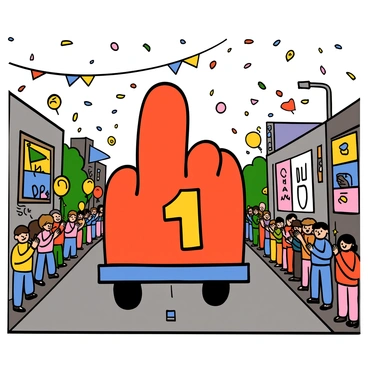 A large parade float shaped like a giant foam finger is moving down a busy street filled with cheering spectators. The foam finger is brightly colored in a vibrant shade of red, with the number "1" prominently displayed on its surface. People of various ages are gathered along the sidewalk, some waving flags and others holding balloons. There are colorful banners hanging overhead, and confetti is falling from the sky. The atmosphere is lively, with people clapping and smiling as they enjoy the parade.