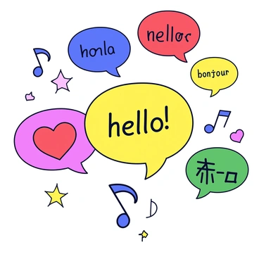 Multiple vibrant speech bubbles floating in the air, each containing different languages and symbols