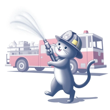 A cat wearing a firefighter's helmet is standing on its hind legs. The helmet is proportionate to the cat's head, featuring a shiny surface with a badge in the center. The cat is holding a large hose, which it is using to spray water. The water is depicted in a dynamic arc, splashing out in a powerful flow. The background includes elements reminiscent of a fire station, with a red fire truck partially visible. There are also firefighting tools scattered around, adding to the scene's context.