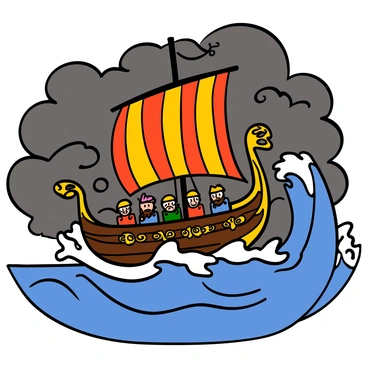 A 3D cartoon Viking ship with a dragon-shaped prow sailing on stormy seas. The ship has vibrant colors, including a red and yellow striped sail, and a wooden hull adorned with intricate carvings. Towering waves rise dramatically around the ship, splashing against the sides. The sky is dark and filled with swirling gray clouds, adding to the atmosphere of a fierce storm. The ship's crew, depicted as cartoonish Vikings with big eyes and various hairstyles, are actively maneuvering the sails and steering the ship through the tumultuous waters.
