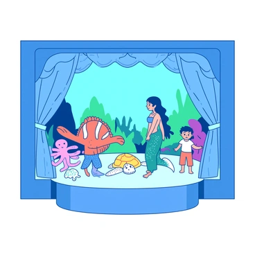 A blue stage is decorated with shimmering teal curtains that resemble ocean waves. Colorful coral reefs made of fabric and paper create a vibrant backdrop. Several children are dressed in costumes representing various sea creatures. One child is wearing a bright orange clownfish outfit, complete with fins and a tail. Another child is dressed as a graceful teal mermaid, with a sparkling tail that reflects light. A third child is in a fluffy yellow sea turtle costume, complete with a shell. Additional sea creatures, such as a pink octopus and a white jellyfish, are represented by other kids, creating a lively underwater scene.