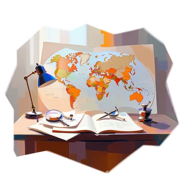 A detailed vintage world map unfurled on a study desk, displaying intricate geographical features and old-world cartography. The map is filled with rich colors, showcasing continents and oceans with ornate borders and compass roses. Surrounding the map, there are antique artifacts such as a brass compass, a magnifying glass, and an ink pot with a quill pen. The desk is made of dark wood, with visible grains and polished surfaces, providing a warm contrast to the map. Soft light from a nearby lamp casts gentle shadows across the desk, enhancing the atmosphere of exploration and discovery.