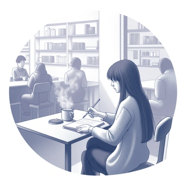 An artist sitting at a small wooden table in a cozy coffeehouse. The artist is focused on their sketchbook, pencil in hand, capturing the scene around them. A steaming mug is placed on the table next to the sketchbook, with gentle wisps of steam rising into the air. The coffeehouse has a warm atmosphere, with soft lighting and shelves filled with books in the background. There are a few scattered patrons, engaged in conversation or quietly enjoying their beverages. The artist's chair is slightly turned, allowing for a view of the busy café scene.