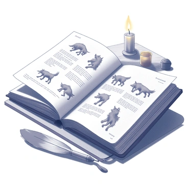 An open journal resting on a wooden table. The pages of the journal are filled with detailed sketches depicting the various stages of werewolf transformations. Each sketch is annotated with handwritten notes that describe the physical changes and emotional states associated with the transformation. The journal has a worn, leather cover, and the edges of the pages are slightly frayed, suggesting frequent use. There are additional natural elements around the journal, such as a small, flickering candle casting soft shadows and a nearby quill pen lying beside an ink bottle.