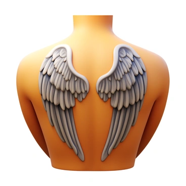 A close-up view of an intricate tattoo depicting angel wings, prominently displayed on the back of a person. The wings are detailed with delicate feather patterns and shading, showcasing a blend of light and dark hues. The skin tone of the person's back is visible around the tattoo, highlighting the contrast between the artwork and the natural skin. The tattoo features intricate line work and realistic textures, capturing the grace and beauty of the angelic wings.