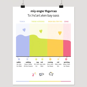 An educational chart hanging on a light gray wall. The chart features a clear layout divided into sections, each representing different heart rate zones. Each zone is labeled clearly in "bold black text". The first zone is shaded in "light blue", followed by a "green" zone, then a "yellow" zone, and finally a "red" zone at the top, indicating higher intensity. Each section includes illustrations of a heart icon and corresponding activities like "walking", "running", and "sprinting". The overall design is colorful, aimed at making the information easy to understand at a glance.