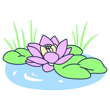 A delicate lotus flower in full bloom is floating on the surface of a swamp. The flower has soft, rounded petals that are slightly curled at the edges. Its center is filled with a cluster of yellow stamens. Surrounding the lotus are several large green leaves that are partially submerged in the water. The surface of the swamp is still, reflecting the lotus and leaves, and small ripples emanate from the flower. In the background, there are hints of tall grasses and reeds framing the scene.