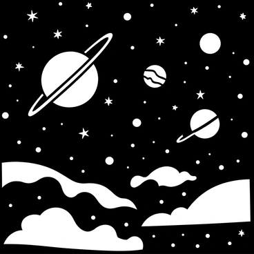 An illustration of various planets, including a large ringed planet and smaller orb-like planets, scattered across the composition. Numerous stars are depicted in different sizes and shapes, twinkling in the background. The planets and stars overlay a photograph of a night sky, filled with dark shades representing the depth of space. The overall scene creates a harmonious blend of celestial bodies with the natural beauty of the night sky.