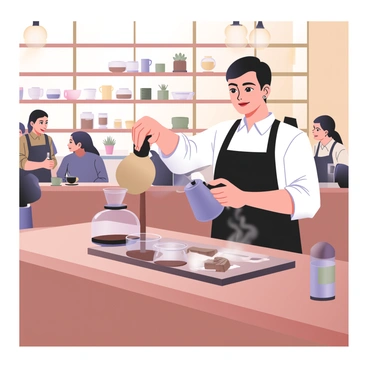 A barista is standing behind a polished wooden counter in a bustling café. The barista has light skin, short dark hair, and is wearing a black apron over a white shirt. The barista is expertly pouring hot water over freshly ground coffee in a hand-pour method, with a precision kettle in one hand. Steam rises from the coffee as it brews in an elegant glass carafe. Behind the barista, shelves filled with various coffee beans in glass jars and colorful coffee cups are visible. Customers are seated at tables adorned with small potted plants, while others are chatting in line, creating a lively atmosphere. Sunlight streams through large windows, casting warm light onto the scene.