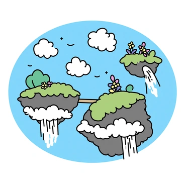 A composition of floating islands, each with lush greenery and rock formations. Waterfalls flow from the edges of the islands, pouring down into the fluffy white clouds below. The sky is bright blue with a few wispy clouds scattered throughout. Some islands feature a small wooden bridge connecting to another island, while others have colorful flowers blooming along the cliffs. The scene captures a sense of height and openness, with light shining on the waterfalls.