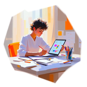An illustrator with medium skin and curly hair is sitting at a desk, focused on creating an infographic on a digital tablet. The tablet is illuminated, casting a soft glow on the illustrator's face. Surrounding the illustrator are several scattered sketches and notes, featuring various design elements and colorful illustrations. The desk is cluttered but organized, with pencils, erasers, and a cup filled with markers. Natural light from a nearby window provides a warm ambiance, enhancing the creative atmosphere of the workspace.