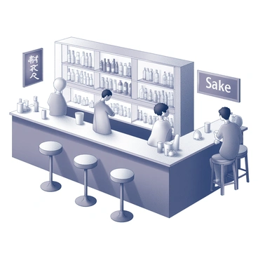 A modern bar interior with sleek, minimalist design elements. The bar features a long, polished wooden counter with a variety of glassware arranged neatly. Behind the counter, shelves are filled with bottles of different kinds of sake, prominently displayed and well-lit. There are high stools with clean lines positioned along the counter. Soft, ambient lighting enhances the atmosphere, casting gentle shadows across the space. A large chalkboard or illuminated sign displays the drink menu, with "Sake" written prominently in bold letters, inviting patrons to explore the offerings. Tables are arranged with a few patrons engaged in conversation, creating a lively yet sophisticated environment.