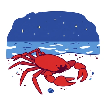 A red crab is lying on its back on the sandy beach, with its claws raised slightly and its eyes wide open, gazing up at the night sky. The stars above are twinkling brightly, casting a soft glow on the crab's shell. The beach is sparsely dotted with small pebbles and seashells, and the gentle waves of the ocean can be seen in the background, reflecting the light from the stars. The air is calm and the scene is serene, capturing a moment of tranquility in nature.