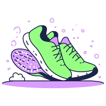 A close-up of a pair of running shoes placed on a track surface. The shoes are designed with a textured sole, showcasing intricate patterns that enhance grip and traction. The track is made of rubber, revealing its textured finish which is visible in the background. Small particles of dirt and dust can be seen surrounding the shoes, emphasizing the action of running. The image captures the shoes angled slightly to one side, as if ready to spring into action, with a few faint scuff marks indicating previous use.