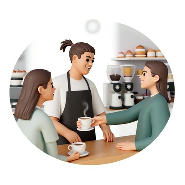 A barista, wearing a black apron and a white shirt, is standing behind a wooden counter of a coffee shop. The barista has brown hair tied back and is smiling as they extend their arm, handing a steaming cup of coffee to a customer. The customer, a woman with long brown hair wearing a green sweater, has a delighted expression on her face as she reaches for the cup. Behind the barista, a display of various pastries is visible, and coffee machines are positioned on the counter, creating a warm and inviting atmosphere.