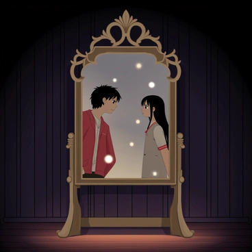 A dimly lit room with wooden walls and a wooden floor. In the center stands an ornate, antique mirror with intricate carvings on its frame. The mirror reflects the image of "Hanako-kun," a boy with black hair wearing a red jacket and white shirt, and "Yashiro," a girl with long, dark hair in a school uniform. Their expressions are curious as they gaze into the mirror. Soft, glowing orbs of light float around them, casting a gentle illumination in the room. The atmosphere is filled with a sense of wonder and enchantment.