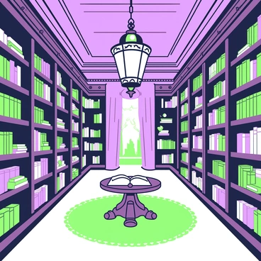 A magical library is filled with tall shelves stacked with ancient books. The books are flying around the room, each glowing softly in the dim light. In the center, there is an ornate wooden table with an open book resting on it, pages fluttering as if caught in a gentle breeze. The ceiling is high, adorned with intricate carvings, and a large chandelier hangs low, casting delicate shadows on the walls. A plush, green carpet covers the floor, adding warmth to the space. Various mystical artifacts are scattered across the shelves, adding to the enchanting atmosphere.