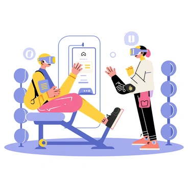 A virtual reality interface showing a bright, futuristic gym setting. In the center, there is a sleek, modern leg curl machine with padded cushions and metallic frames. Users, wearing stylish VR headsets, are positioned next to the machine, reaching out to interact with the touch screen controls that display exercise options. Surrounding the leg curl machine, various exercise equipment and virtual weights are visible, emphasizing an immersive fitness experience. The scene has vibrant colors, with dynamic light effects illustrating the virtual environment.