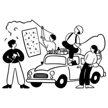 A diverse group of four friends standing next to a vintage car parked on the side of a road. One friend is holding a large map, while another is reaching into a backpack for snacks. The other two friends are leaning against the car, discussing the route. Various snacks are scattered on the car's roof along with a water bottle. Lush trees line the background, and the road stretches into the distance.