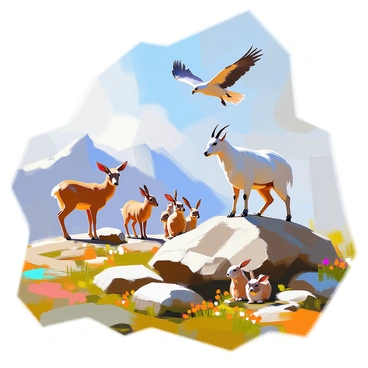 A diverse selection of mountain animals is depicted interacting in their natural habitat. In the foreground, an agile mountain goat is climbing a rocky ledge, its hooves securely gripping the uneven surface. Nearby, a group of deer grazes on the lush green grass, while a family of rabbits is playfully hopping around the underbrush. In the background, a majestic eagle soars through the clear blue sky, its sharp eyes scanning the ground below. Scattered boulders and patches of wildflowers enhance the setting, showcasing the vibrant ecosystem of the mountain landscape.