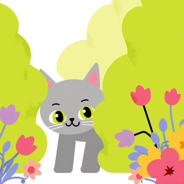 A curious cat with fluffy grey fur peeking behind vibrant green bushes in a colorful garden. The cat has bright green eyes and a mischievous expression on its face. Sunlight filters through the leaves, creating dappled shadows on the ground. Colorful flowers in shades of red, yellow, and purple bloom around the cat, adding to the lively scene. The cat is crouched low, ready to pounce or find a cozy spot to rest.