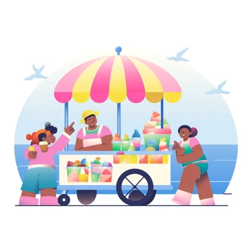 A whimsical ice cream cart is positioned on Santa Monica Pier, featuring a large striped umbrella in bright colors. The cart is adorned with various ice cream flavors displayed in vibrant tubs, each labeled with colorful tags. A cheerful vendor with a sun hat stands behind the cart, scooping ice cream into cones. Nearby, a group of children of diverse backgrounds is eagerly selecting their favorite treats, some pointing at the flavors while others hold colorful cone choices. The bright blue ocean and a clear sky serve as a backdrop, with a few seagulls flying overhead. The atmosphere is lively and filled with joy as laughter and excitement fill the scene.