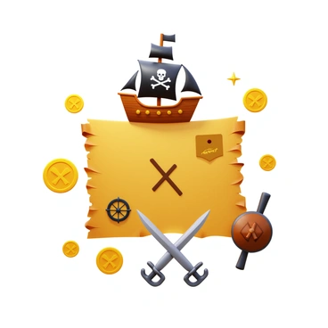 A birthday card featuring a "pirate-themed" design. The card displays an old, weathered treasure map marked with an "X" indicating the location of buried treasure. A detailed, stylized pirate ship sails across the top of the card, with billowing sails and a Jolly Roger flag. Surrounding the treasure map are various pirate elements such as gold coins, a compass, and a pair of crossed cutlasses. The overall composition creates an adventurous and playful atmosphere, perfect for a birthday celebration.