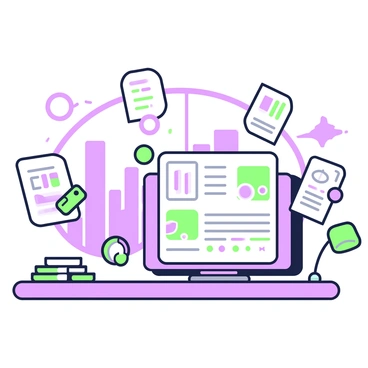 A digital workspace is depicted with documents floating in the air, showcasing various color-coded icons and text. Each document has a distinct layout, displaying graphs, charts, and notes. Surrounding the documents, there are various digital tools such as a virtual keyboard, a mouse, and icons representing applications. The workspace features a sleek desk with a holographic screen projecting data to the front. In the background, a large window reveals a city skyline, with abstract shapes representing the modern intranet office environment.