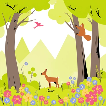 A vibrant forest scene featuring large, tall trees with thick trunks and lush green leaves. The ground is covered with colorful flowers in shades of red, yellow, and blue, creating a lively carpet of color. Playful wildlife such as a brown squirrel climbing a tree, a pair of red birds flying through the branches, and a small deer peeking from behind the bushes can be seen throughout the forest. Sunlight filters through the foliage, casting dappled light on the forest floor.