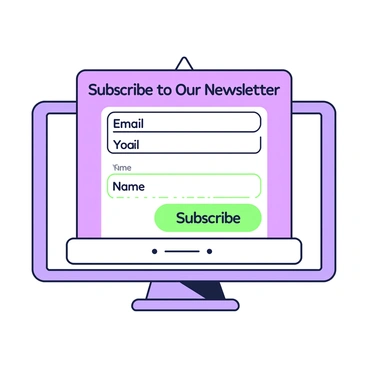 A pop-up window is displayed on a digital screen. The window features a rectangular shape with rounded corners. At the top of the window, there is a bold header that reads "Subscribe to Our Newsletter" in prominent text. Below the header, a form is presented, which includes fields for entering an email address and a name. The email field is clearly labeled, and a submit button is positioned at the bottom of the form, labeled "Subscribe" in eye-catching text. The overall design of the window is clean and user-friendly, aimed at encouraging visitors to sign up.