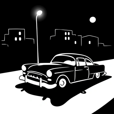 A vintage car from the 1950s parked on a dimly lit street, featuring classic curves and chrome details. The car's headlights are turned off, allowing the moonlight to create a soft glow around it. Long shadows stretch out from the car onto the pavement, enhancing the mood of the scene. Streetlights are faintly glowing in the background, illuminating the street with a subtle light. The surrounding buildings are silhouetted against the night sky, adding depth to the composition.